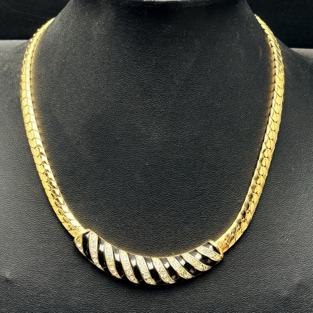 Daniel Swarovski Gold Tone & Clear Crystal Black Enamel Choker Necklace D.S. Co